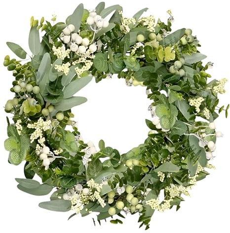 Corona de eucalipto de hoja de olivo, corona artificial de 35 cm con hojas verdes, para decoración de puerta delantera, corona de primavera estilo granja, uso versátil para todas las estaciones