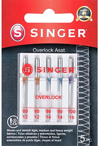 SINGER 04803 Regular Point Overlock Needles, 5-Count, Sizes 80/12, 90/14, 100/16