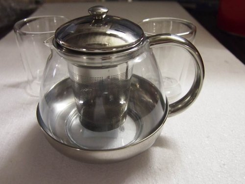 Teekanne mit Filtereinsatz/Kanne aus Glas/Deckel und Filtereinsatz aus rostfreiem Edelstahl für 0,750 Liter ++ 2 Teegläser Glas von James Premium 225ml mit Unterteller