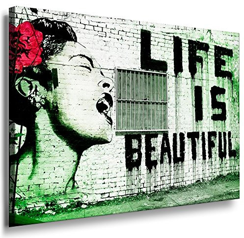 Fotoleinwand24 - Banksy Graffiti Art Life is Beautiful / AA0109 / Bild auf Keilrahmen/Grün / 120x80 cm
