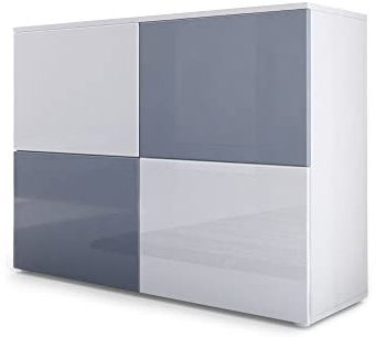 Vladon Sideboard Rova, Made in Germany, Kommode mit 4 Türen, Weiß matt/Weiß Hochglanz/Grau Hochglanz (92 x 72 x 35 cm)