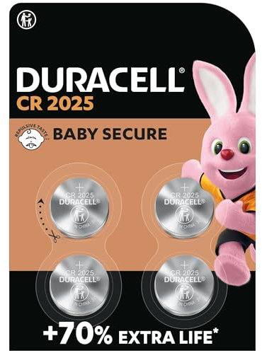 Duracell 2025 pilas de botón de litio 3 V (paquete de 4) - Hasta un 70 % más de duración - Tecnología Baby Secure - Para llaves de control remoto, relojes deportivos y gafas 3D - Embalaje seguro
