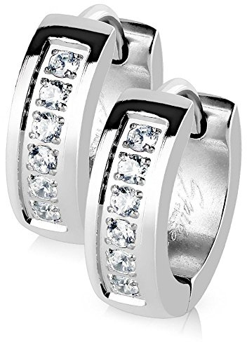 Bungsa KRISTALL-CREOLEN SET silber - Klapp-Ohrringe mit 6 gefassten klaren Steinen - EDELSTAHL KLAPPCREOLEN - edler Ohr-Schmuck für Damen & Herren - 1 Paar Kreolen zum Klappen silber