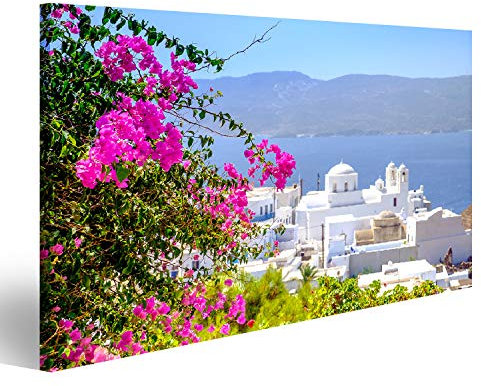 Bild Bilder auf Leinwand Landschaftsansicht des traditionellen griechischen kykladischen Dorfes mit Blumen im Vordergrund und selektivem Fokus, Plaka, Griechenland Wandbild, Poster, Leinwand