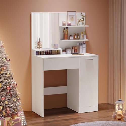 VASAGLE Schminktisch, Frisiertisch, mit Spiegel, Aufbewahrungsfach, 2 verstellbare Ablagen hinter der TÜr, 1 Schublade, 2 Ablagen, weiß RDT119W01