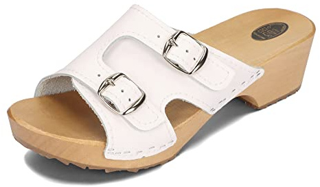 BeComfy Träpantoletter för damer träskor med klack träskor sandalett läder trä sula trädgårdsockor pantolett svart & vit 35–41 EU, Vit - Vit - 35 EU