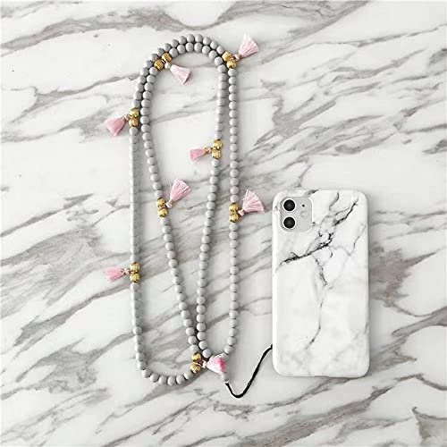 Universale Handykette Umhängeband Lanyard,Böhmische Bunte Perlenkette Handy Halsband Schlüsselband mit Quasten,Telefon Anhänger Hängende Schnur Handy Schmuck Mobile Phone Chain für Frauen Damen,Grau