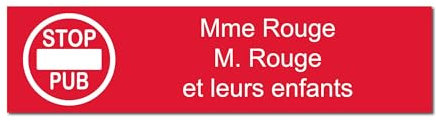 Targhetta incisa per nome cassetta postale STOP PUB autoadesiva, 10 x 2,5 cm, personalizzata da 1 a 3 righe, colore: Rosso