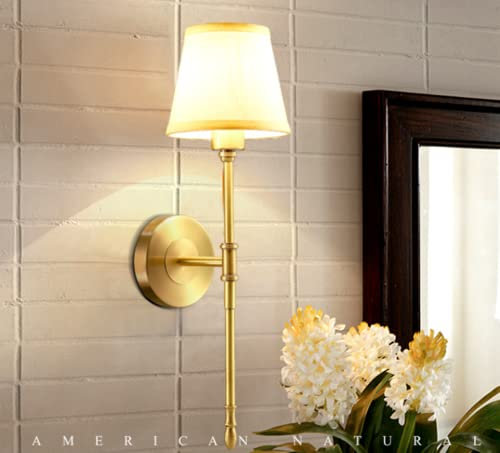SXYSXYSXY Wandlampe Amerikanischen Wandleuchten Kupfer Vintage Nachttischlampe Stoffschirm Modern Wandleuchte Loft Schlafzimmer Wohnzimmer Studieren Wandbeleuchtung E14 D15*H54CM