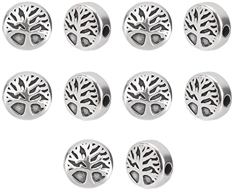 DICOSMETIC 10 Stück 10mm Flache Runde Perlen Mit Baum des Lebens 304 runde Edelstahlperlen Metall Zwischenperlen Für Die Schmuckherstellung Bohrung: 2mm