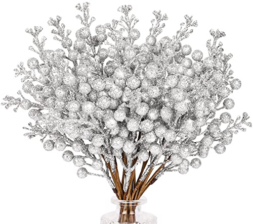 N&T NIETING Christmas Tree Picks, 24 Pcs Artificial Glitter Tree Picks Stems Branches Ornaments, 9.8inch Artificial Holly Berries for Wreath Making Supplies Christmas Tree Decoration, Silver