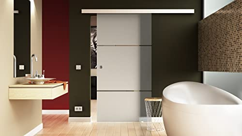 Glas-Schiebetür 650x2050 mm 2-Streifen-Design Sadora® Slimline-System komplett Laufschiene und Muschelgriffen offen Schiebetür aus Glas für Innenbereich