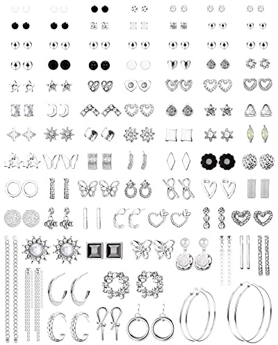 LOLIAS 𝟗𝟎𝐏𝐚𝐢𝐫𝐬 Stud Earrings Set for Women-Dainty Earrings Pack for Sensitive Ears-Hypoallergenic Earrings Stack Silver Flower Butterfly CZ Hoop Dangle Earrings Jewelry