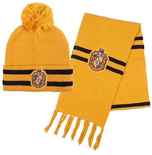 Harry Potter Mütze und Schal, Winter-Set für Kinder und Jugendliche, Hogwarts Mütze und Schal, Hufflepuff Mütze und Schal, Winter-Accessoires - Gelb