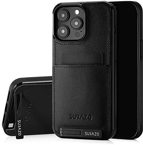 SURAZO Premium äkta läder-bakfodral för Apple iPhone 14 Pro Max fodral – stötsäkert läder mobiltelefonfodral [kortfack, stativfunktion, nyckelringar] vintage smal stötfångare skyddsfodral (Costa