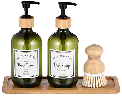 Zopeal Lot de 4 distributeurs de Savon de Cuisine de 473,6 g avec Plateau en Bambou et Brosse à Vaisselle en Plastique avec étiquettes étanches pour Lotion à Vaisselle pour Les Mains (Vert)