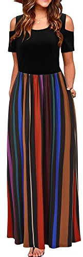 STYLEWORD Maxi Vestido de Verano con Hombros Descubiertos para Mujer Manga Corta Estampado Floral Elegante Vestido Maxi con Bolsillos(floral36-298,L)