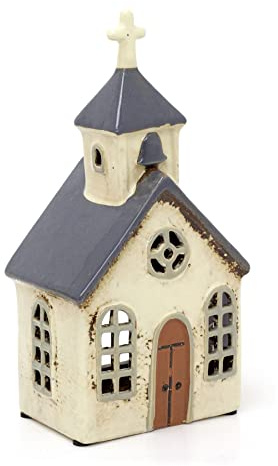 Ceramic Village Church Tealight Candle Holder | Rustic Style Chapel Tea Light Candle Decoration | Large Tealight Votive Holder - 24cm