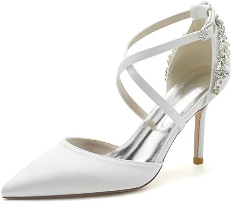 Décolleté per Donna Scarpe con Tacco Alto Donna in Raso Punta a Punta Tacco Sottile Sposa da Sposa Strass Fibbia con Cinturino Incrociato Abito a Festa per Donna Pompe Scarpe,Bianca,38 EU