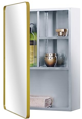 Fundin Stainless Steel Medicine Mirror Cabinet for Bathroom with Golden Framed Door, Multi Shelves, 15x21 inch