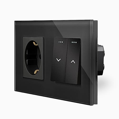 Zweifacher Glasrahmen mit Wipp Rollladentaster Wandschalter + Schuko Steckdose UP Unteputzdose im 2-Fach Rahmen Glas Taster Rollladen Markiesen Jalousinen Steuerung Wandblende Schwarz Kipp LUXUS-TIME