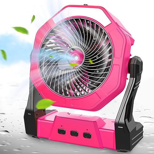 Ventilador de camping mejorado, ventilador de niebla portátil con luz y tanque de agua de 250 ml, ventilador recargable de 8 pulgadas, ventilador exterior con gancho USB para dormitorio, tiendas de