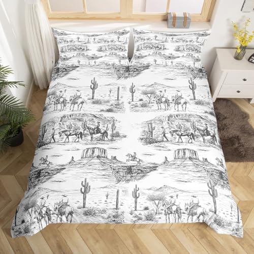 Southwest Cowboy Duvet Cover Set Queen Size Western Desert Bedding Set 3Pcs Black White Farmhouse Comforter Cover for Boys Men Girls Adult Room Decor Wild Horse Cactus Quilt Cover,2 Pillowcase