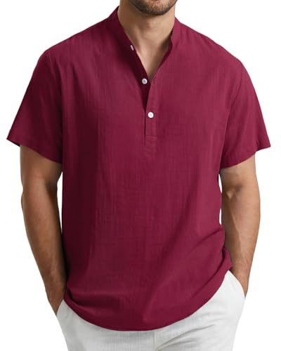Enlision linneskjorta herr, kortärmad skjorta, lätt sommarskjorta, herr, fritidsskjorta för män, Henley-skjorta, normal passform, S-4XL, Bordeaux, XXL