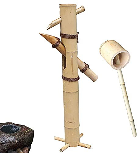 LFNXOVXF Fontaines d'extérieur, Fontaine de Bain d'oiseaux sur Pied, Fontaine en Bambou Faite à la Main, avec Pompe et cuillère, décoration d'eau d'étang de Jardin