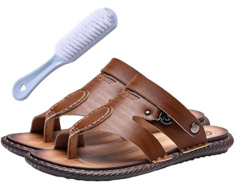 Herren-Sandalen, Flip-Flops, Männer Schuhe Leder Zehenring Stil Strand Bunion Corrector Sandalen, Papa-Geschenke, Weiche Slip-On-Hausschuhe Mit Großen Zehen, Zur Schmerzlinderung Bei(Color:Brown,Size: