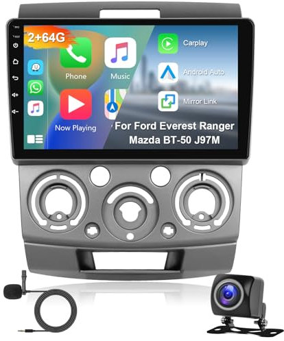 Hodozzy 2GB+64GB Android Autoradio pour Ford Everest Ranger/Mazda BT50 J97M 2006-2013 Carplay sans Fil Android Auto, Écran Tactile 9 Pouces, GPS, WiFi,Bluetooth, FM/RDS, Radio 2 Din + Caméra