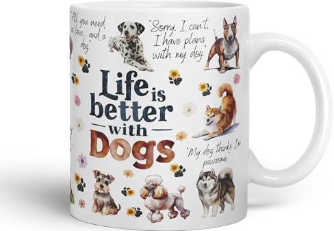 Vixar Life is Better with Dogs Joke Pets Ceramic Coloured Mug Cup for Tea Coffee Hot Brew 330ml 11Oz Gift (White)