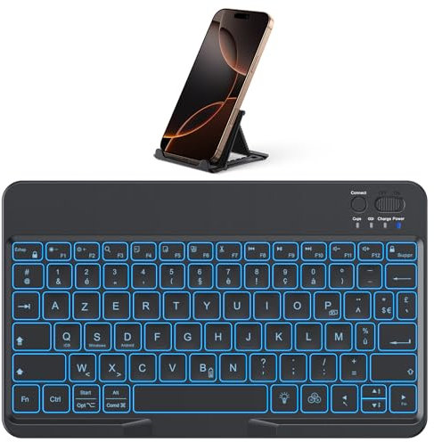 OMOTON Clavier sans Fil Bluetooth avec Support, Mini Clavier Portable Rétroéclairé Rechargeable Silencieux AZERTY Français pour iOS Android Windows, Noir
