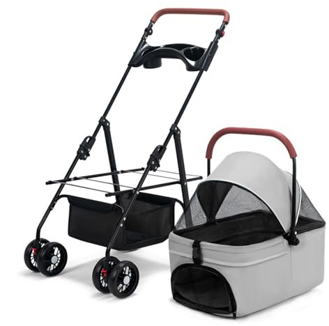 Wilitto Faltbarer Haustier-Kinderwagen für Hunde und Katzen, Wagen, Jogger, Welpenwagen, Hundewagen, Hundewagen, abnehmbare Tragetasche, Hundewagen, Kitty, Jogging-Kinderwagen, Grau