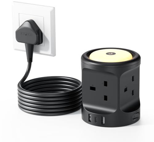 Extension Lead with 3 USB Slots and Night Light, 4 Way (13A/3250W) Multi Plug Extension Cords, 3M Extension Cable with Switches, UK Power Strip Surge Protected for Deskfor Home Dorm Office