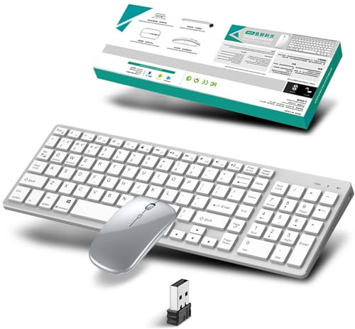 Wireless Keyboard and Mouse Set 2.4Ghz & Bluetooth,Rechargeable Portable Compact Silent Multi-Device Computer Keyboard and Mouse Combos with Numeric Keypad for Mac,Microsoft,PC,Laptop,iPad,Flat