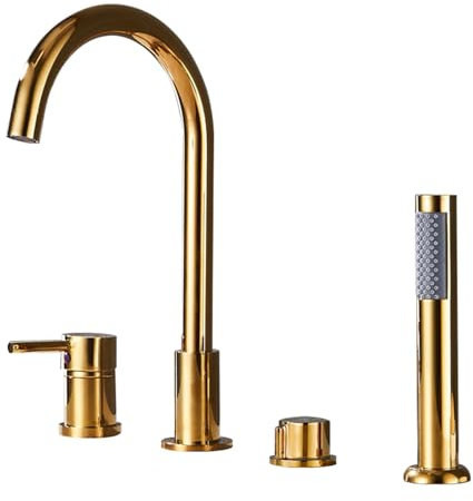 PETERNATA Shower Head Set, Bath Shower Mixer Gold 3 Hole Bath Taps Single Lever with Long Swivel Spout Bathroom Hot Cold Water Tap Mixer Shower