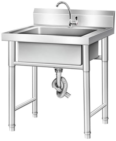 Commercial Stainless Steel Kitchen Sink – 1/2/3 Compartment, EN 1.4301 or 1.4372 Steel, Food Prep & Dishwashing, Customizable, for Restaurant, Butcher, Catering (1-Bowl Sink, 201, 600 * 600 * 800)