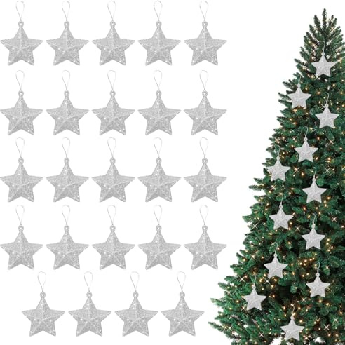 24 Pcs Estrella de Navidad,5 cm Estrellas para Arbol de Navidad Decoración para Árbol Pequeño para Christmas Tree Chimenea Inicio Hogar Accesorios de Stars (Plata)