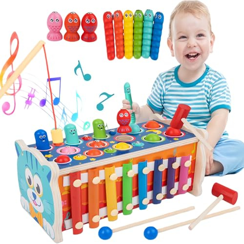 Muslecid 7-in-1 Montessori Holzspielzeug Hammerklopf-Spiel & Musik-Set ab 2 Jahre – Multifunktionales Aktivitätsspiel mit Hammerklopf-Spiel, Angelspiel & Xylophon – Musikalisches Lernspielzeug