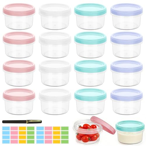 16-Pack Kleine Dosen mit Deckel - 200ML Bunte Snackdosen Wiederverwendbare Snackdose Auslaufsichere Gefrierdosen BPA-frei Medium Auslaufsichere Schraubverschluss für Mittagessen Joghurt Obst(4 Farben)