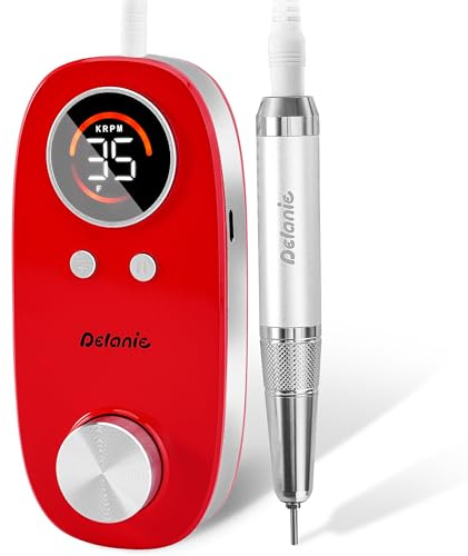 Delanie Professional Coreless Nagelborr 35000 RPM, Sladdlös 5000mAh Uppladdningsbart Batteri med Pausknapp för Manikyr och Pedikyr, Inkluderar 7 Bits och 36 Slipband, Röd