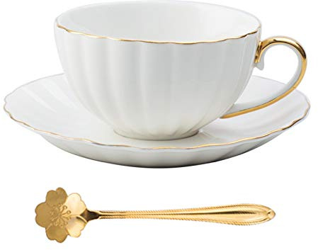 Elegante set di tazze da caffè e tè in ceramica da 192,8 g, bordi e manici placcati oro, eleganti tazze da cappuccino con piattini in porcellana bianca, perfetta idea regalo per hostess