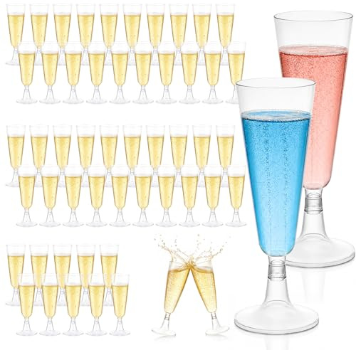 50 Pezzi Flute Plastica 160 ml, Bicchieri Champagne Plastica Riutilizzabili Trasparenti con Base Removibile, Calici Plastica per Prosecco, Spumante, Matrimonio, Compleanno, Festa e Ricevimento