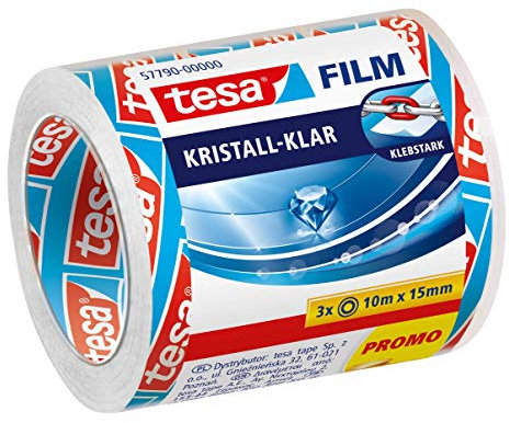 tesafilm Cristal Clear, Cinta Adhesiva Ultra Transparente, Alta Adhesión, Alta Resistencia a Roturas, 3 Rollos 10 m x 15 mm, Transparente