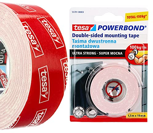 tesa® Dubbelhäftande tejp dubbelsidig monteringstejp POWERBOND 1,5 m x 19 mm ULTRA STRONG | tejp för monteringsarbete inomhus och utomhus | limning väggbeklädnad