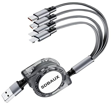 Multi USB Kabel 4 in 1, [3.1A 1M] Universal Einziehbares Schnelles Ladekabel mit Micro USB Typ C 2*iP Kabel für Phone, Samsung Galaxy S24 S23, Moto, Huawei, Sony, LG, Xiaomi, PS4, Swith Echo Dot