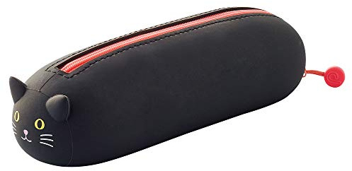 LIHIT LAB A7781-3 PuniLabo Stiftemäppchen mit Reißverschluss, horizontal, 6,4 x 20,1 cm, schwarze Katze, Stift: 6,4 x 20,1 x 6,1 cm