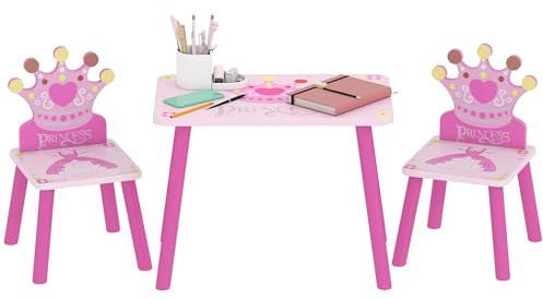 HOMCOM Juego de Mesa y 2 Sillas Infantiles de Madera Set de Mesa de Escritorio 55x34x42 cm y Sillas 28x26x50 cm para Niños 2-4 Años para Salas de Juego Dormitorio de Niño Rosa