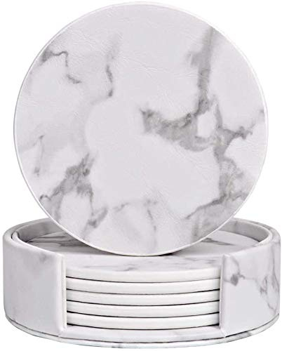 Premium Leder Glasuntersetzer, Bprtcra 6 Stück Marmor Design Untersetzer PU-Leder hitzebeständig Coaster Cup Mat für Getränke Tee Kaffee Tasse Glas, Marmor Untersetzer (White01)